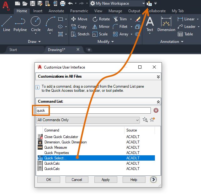 More Commands CUI Editor AutoCAD LT