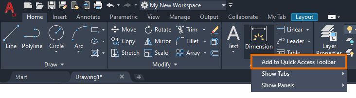 Ribbon Quick Access Toolbar AutoCAD LT