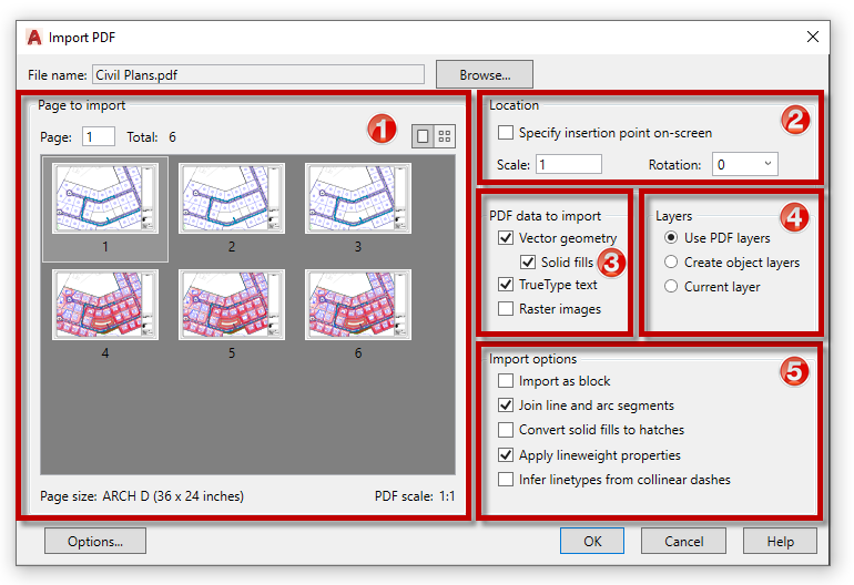 AutoCAD PDF Import Dialog Box