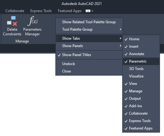 Show Tabs flyout menu AutoCAD Ribbon