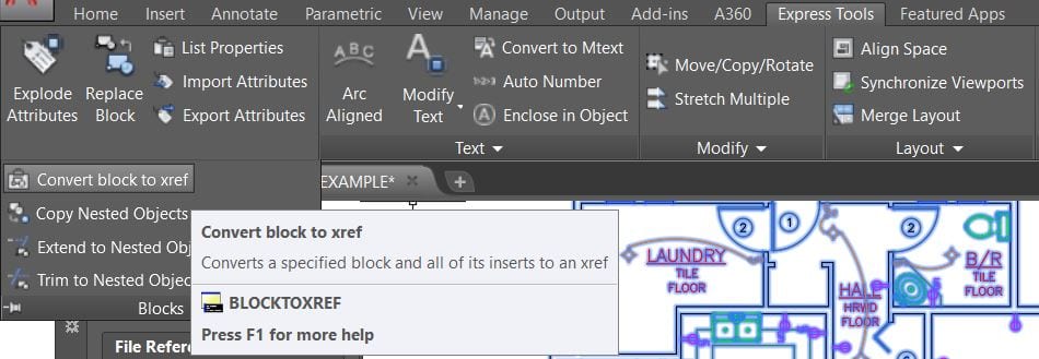 BLOCKTOXREF Express Tools ribbon AutoCAD