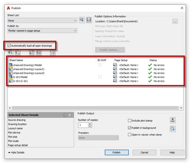 Publish dialog AutoCAD