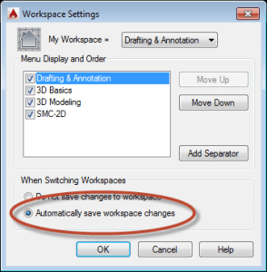 Save workspace settings AutoCAD