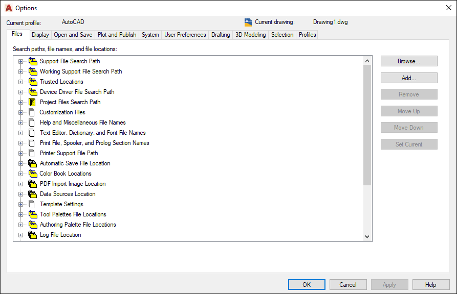 AutoCAD options dialog box tabs