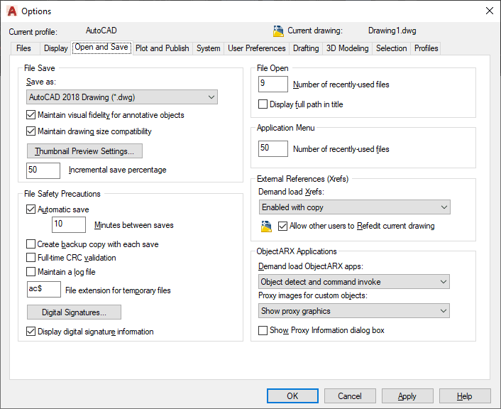 open and save tab AutoCAD