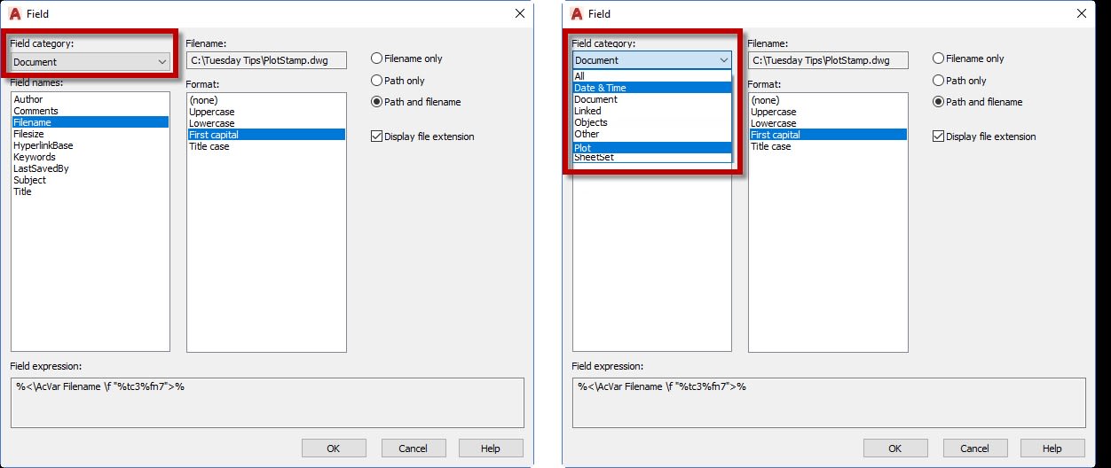 Plot Field Categories AutoCAD