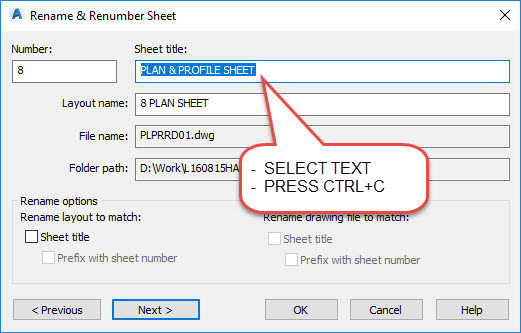 Copy sheet number AutoCAD