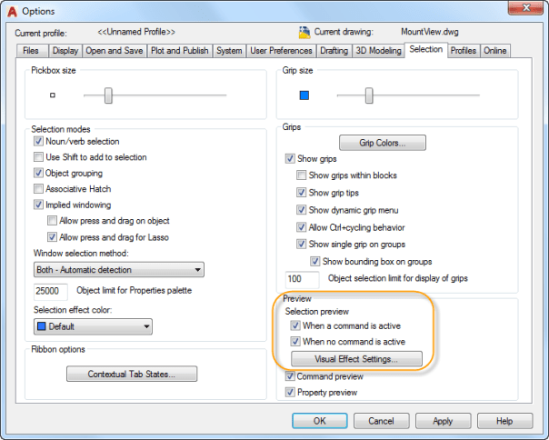 Object Selection Tab in the Options Dialog Box.