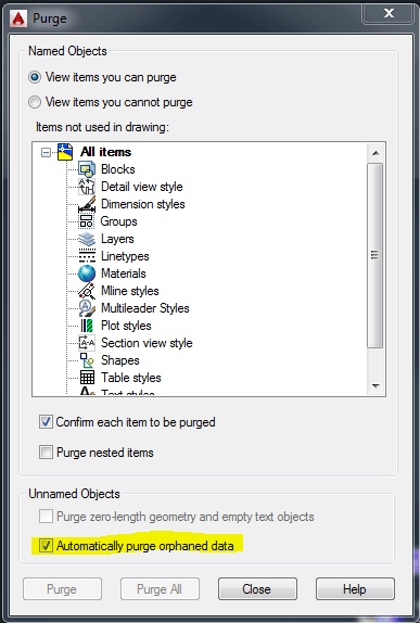 AutoCAD purge dialog box. How to repair corrupt AutoCAD files. Autodesk Knowledge Network