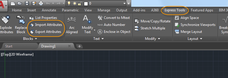 AutoCAD Express Tools Import/Export Block Attributes ribbon