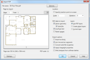 Import PDF dialog box options available. AutoCAD 2017 PDF Import.