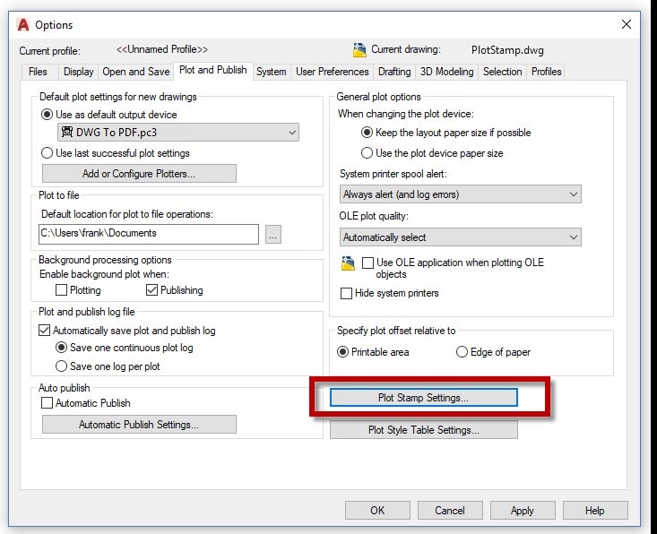 plot stamp settings AutoCAD