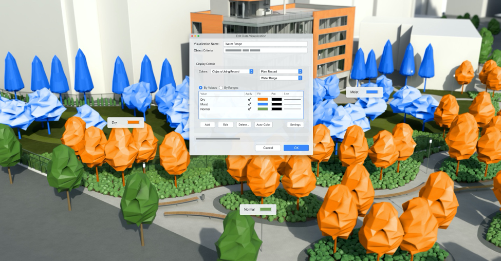 color-coded BIM model to indicate conditions of existing trees for a landscape architecture project